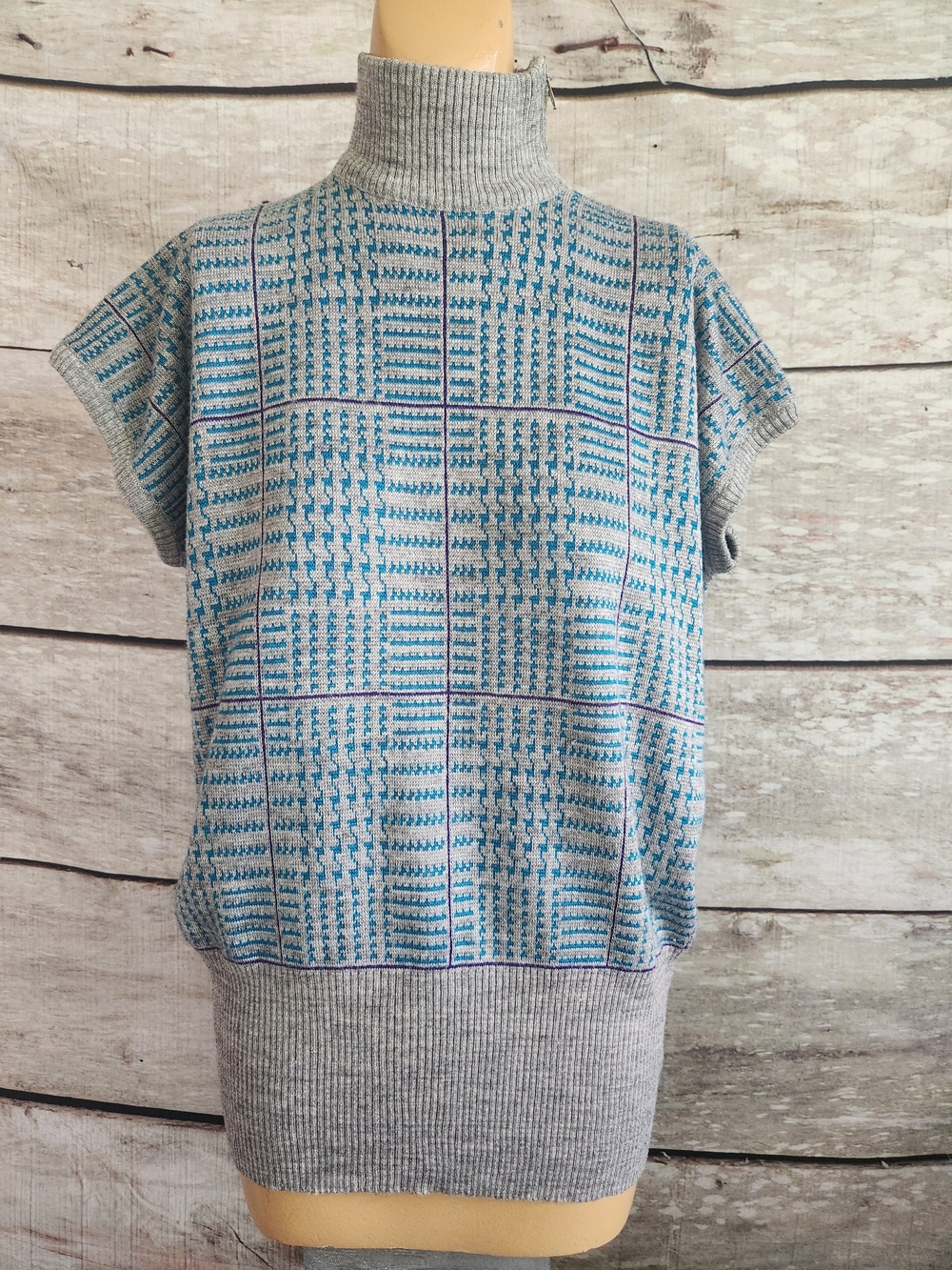 Worthington Gray & Teal Mock Neck Short-Sleeve Knit Sweater